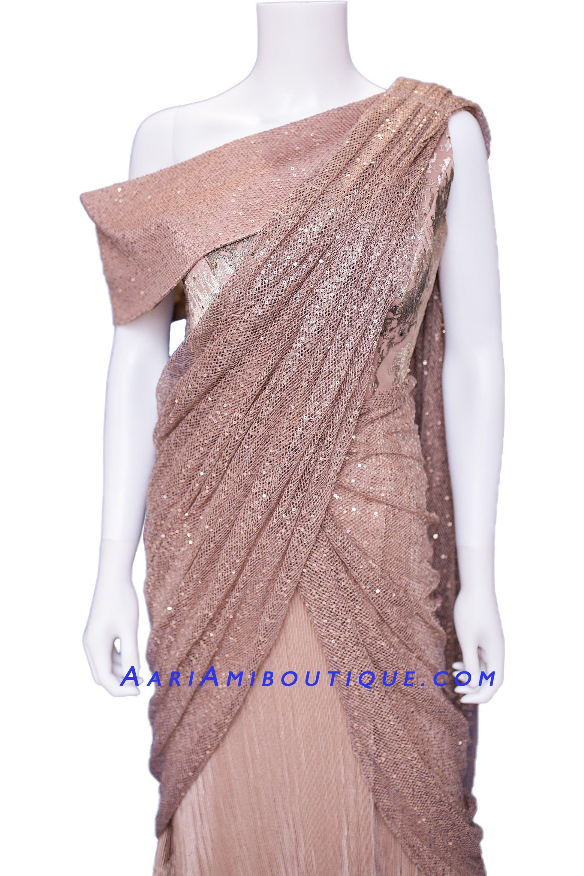 Divine Dual Beige Anarkali with Dupatta stitched in a Saree Drape Pattern-AariAmi Boutique