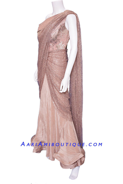 Divine Dual Beige Anarkali with Dupatta stitched in a Saree Drape Pattern-AariAmi Boutique
