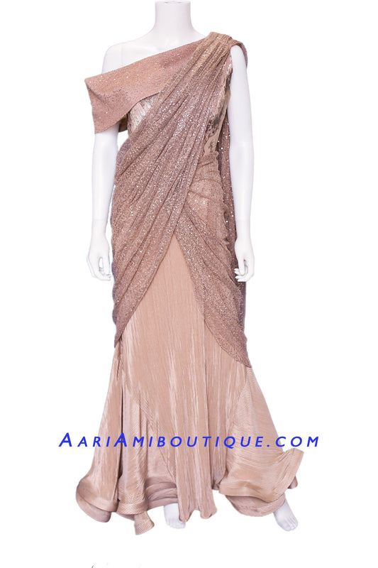 Divine Dual Beige Anarkali with Dupatta stitched in a Saree Drape Pattern-AariAmi Boutique