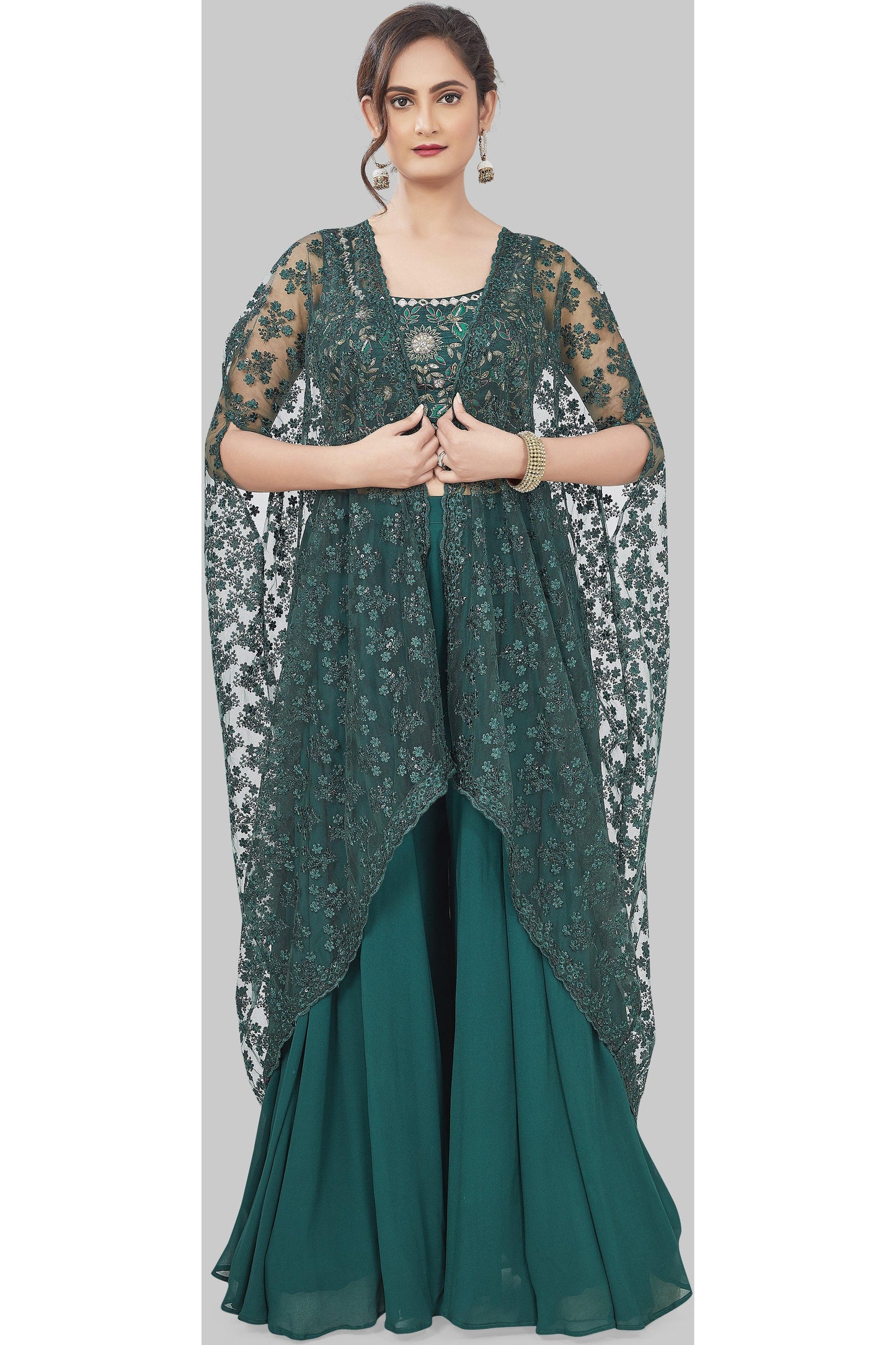 Elegant Emerald Green Sharara Set with Cape-AariAmi Boutique