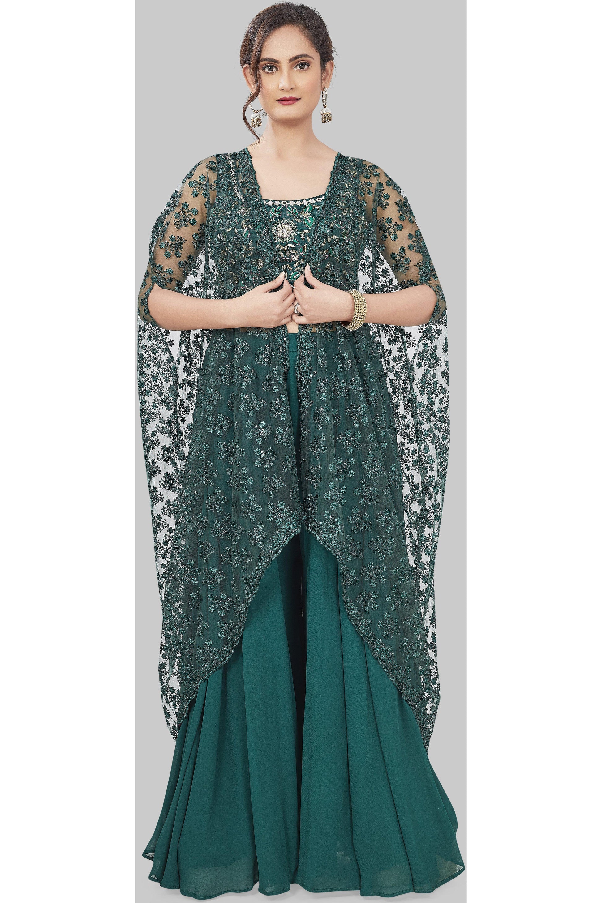 Elegant Emerald Green Sharara Set with Cape-AariAmi Boutique