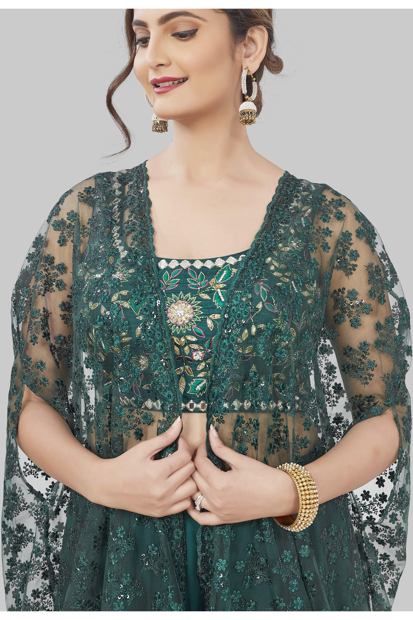 Elegant Emerald Green Sharara Set with Cape-AariAmi Boutique