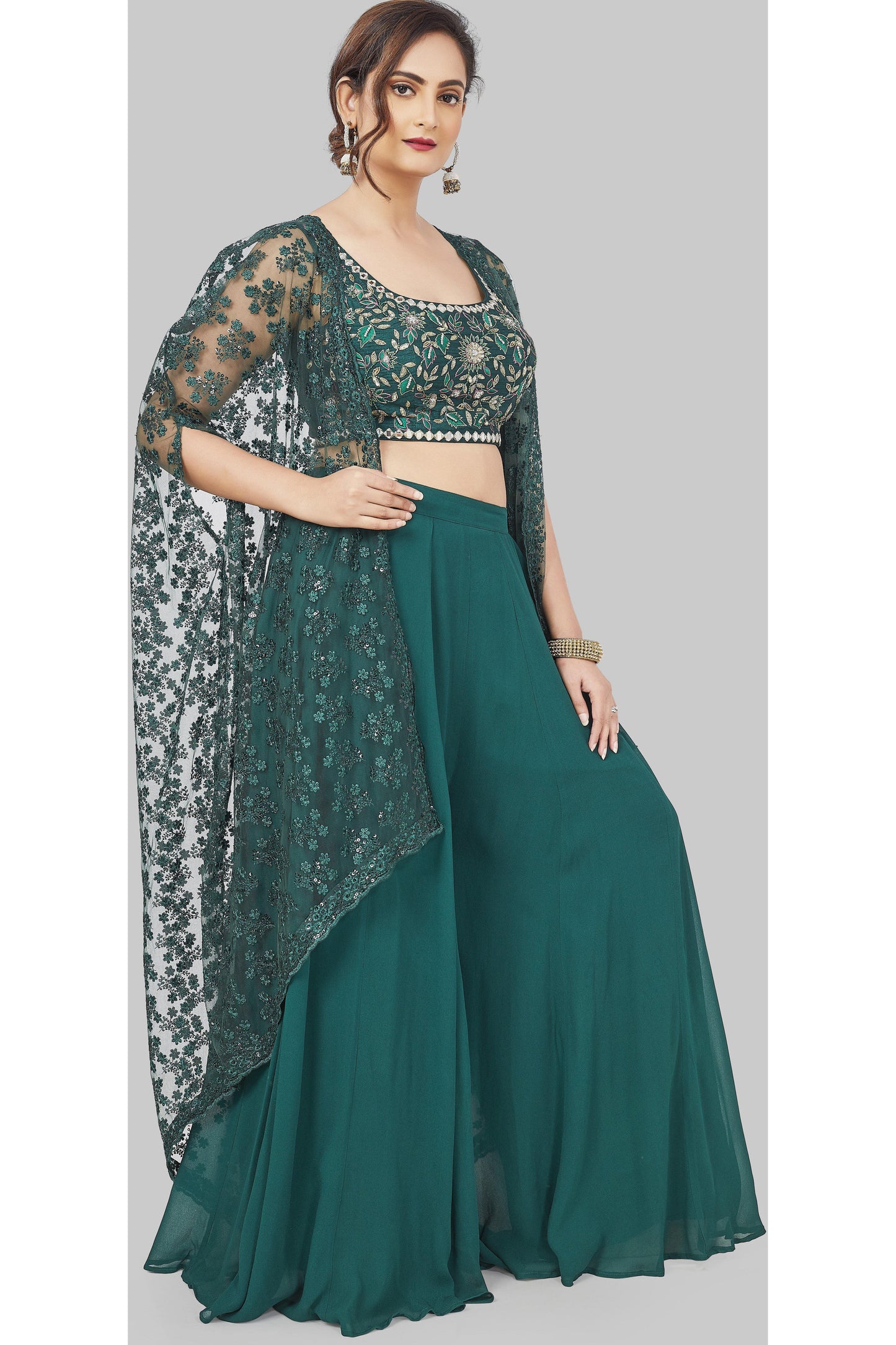 Elegant Emerald Green Sharara Set with Cape-AariAmi Boutique