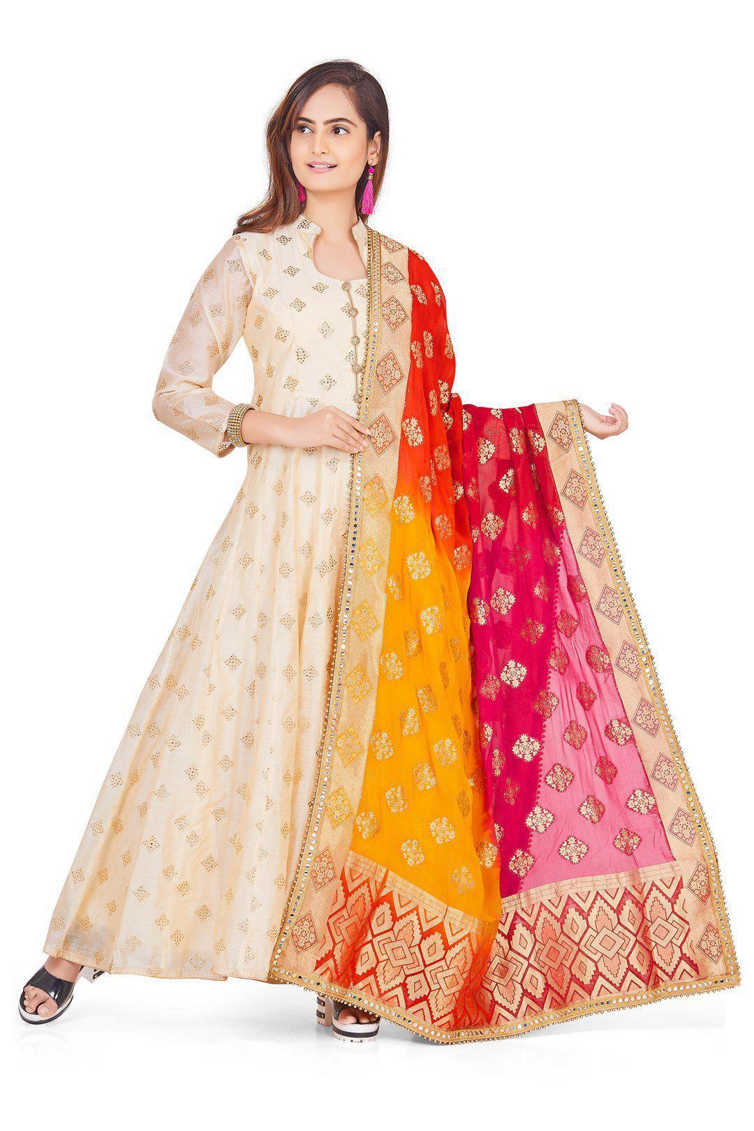 Elegant Ivory Anarkali Set with ombre dupatta-AariAmi Boutique