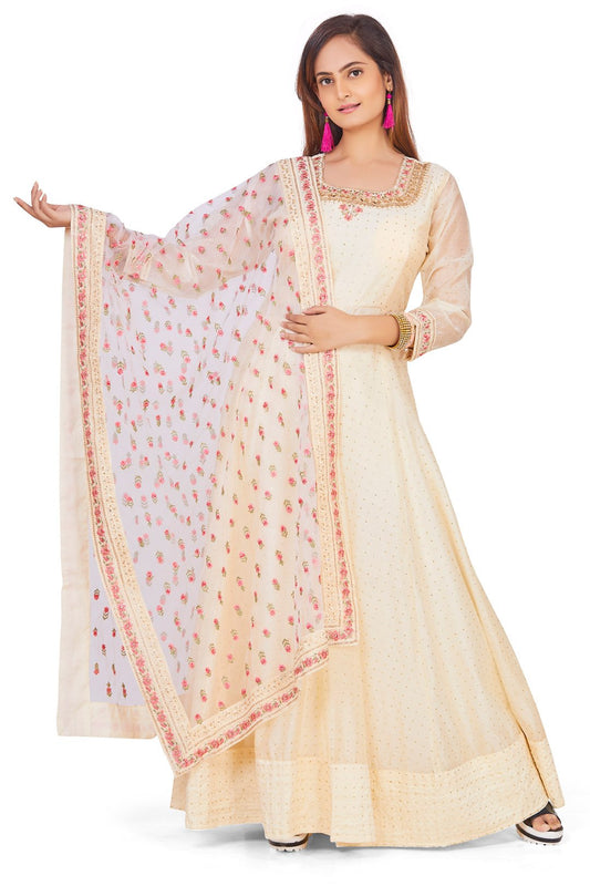 Elegant Ivory and Pink Mukaish work Anarkali Set-AariAmi Boutique