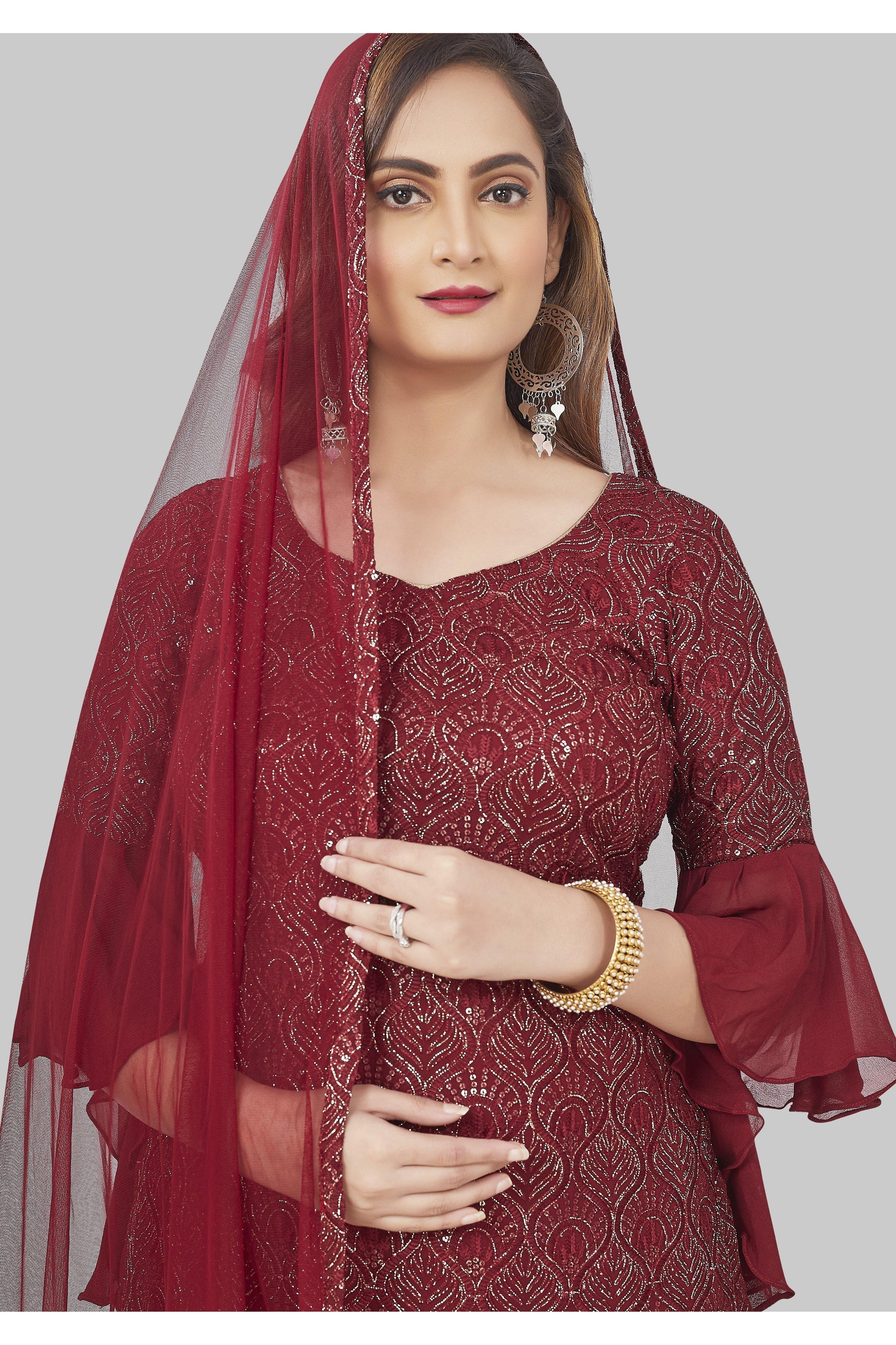 Elegant Maroon Lucknowi Embroidered Gharara Set-AariAmi Boutique