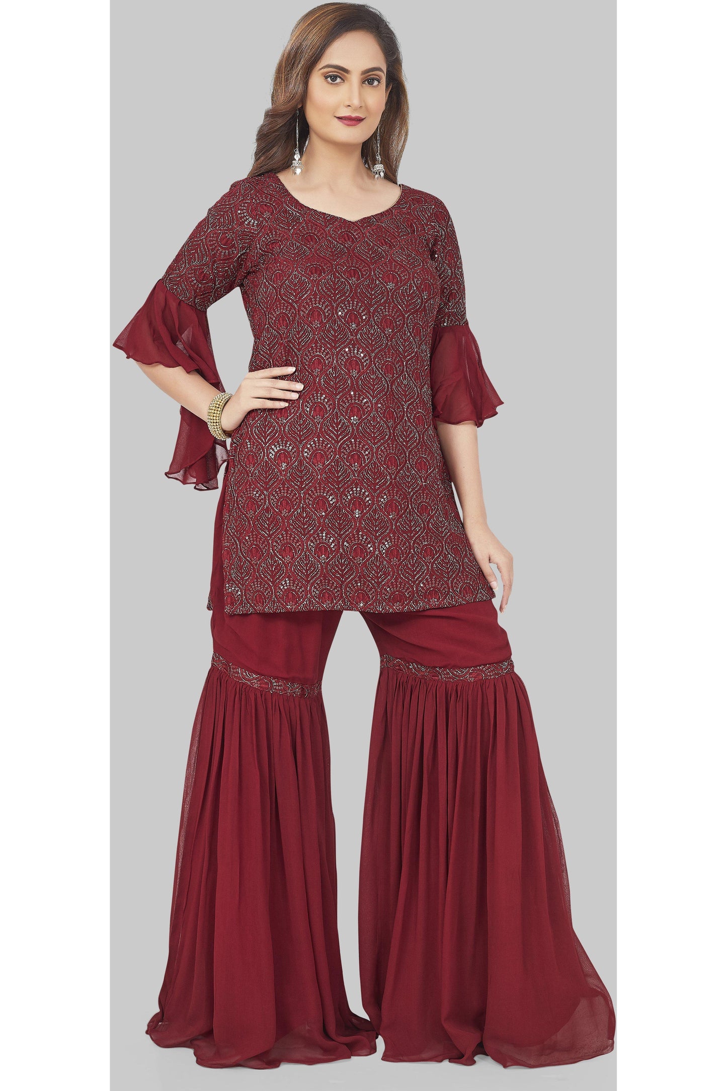 Elegant Maroon Lucknowi Embroidered Gharara Set-AariAmi Boutique