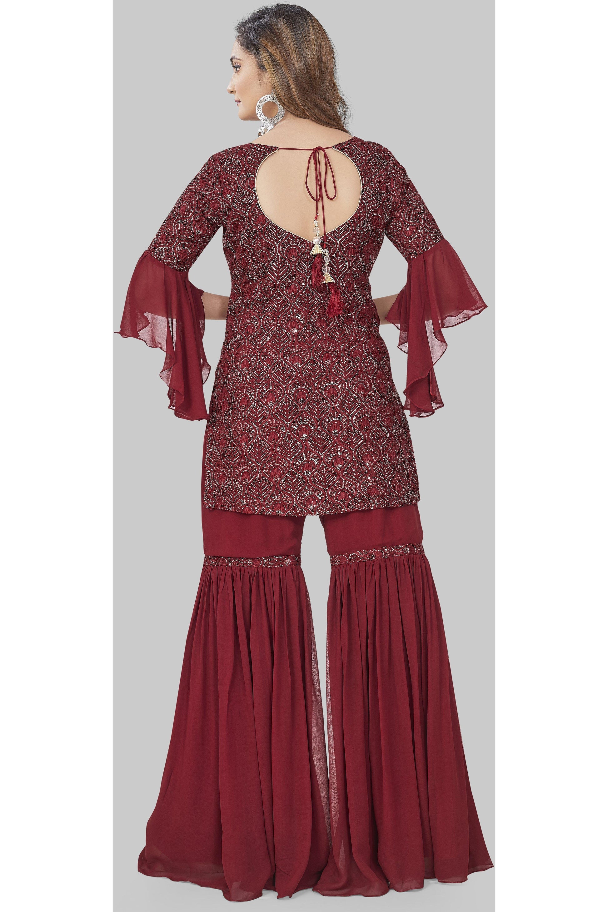 Elegant Maroon Lucknowi Embroidered Gharara Set-AariAmi Boutique