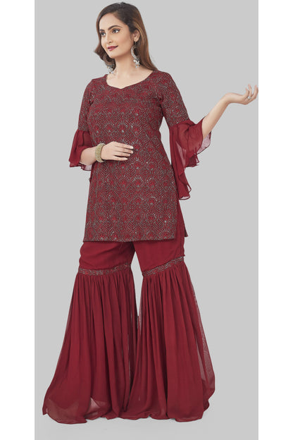 Elegant Maroon Lucknowi Embroidered Gharara Set-AariAmi Boutique
