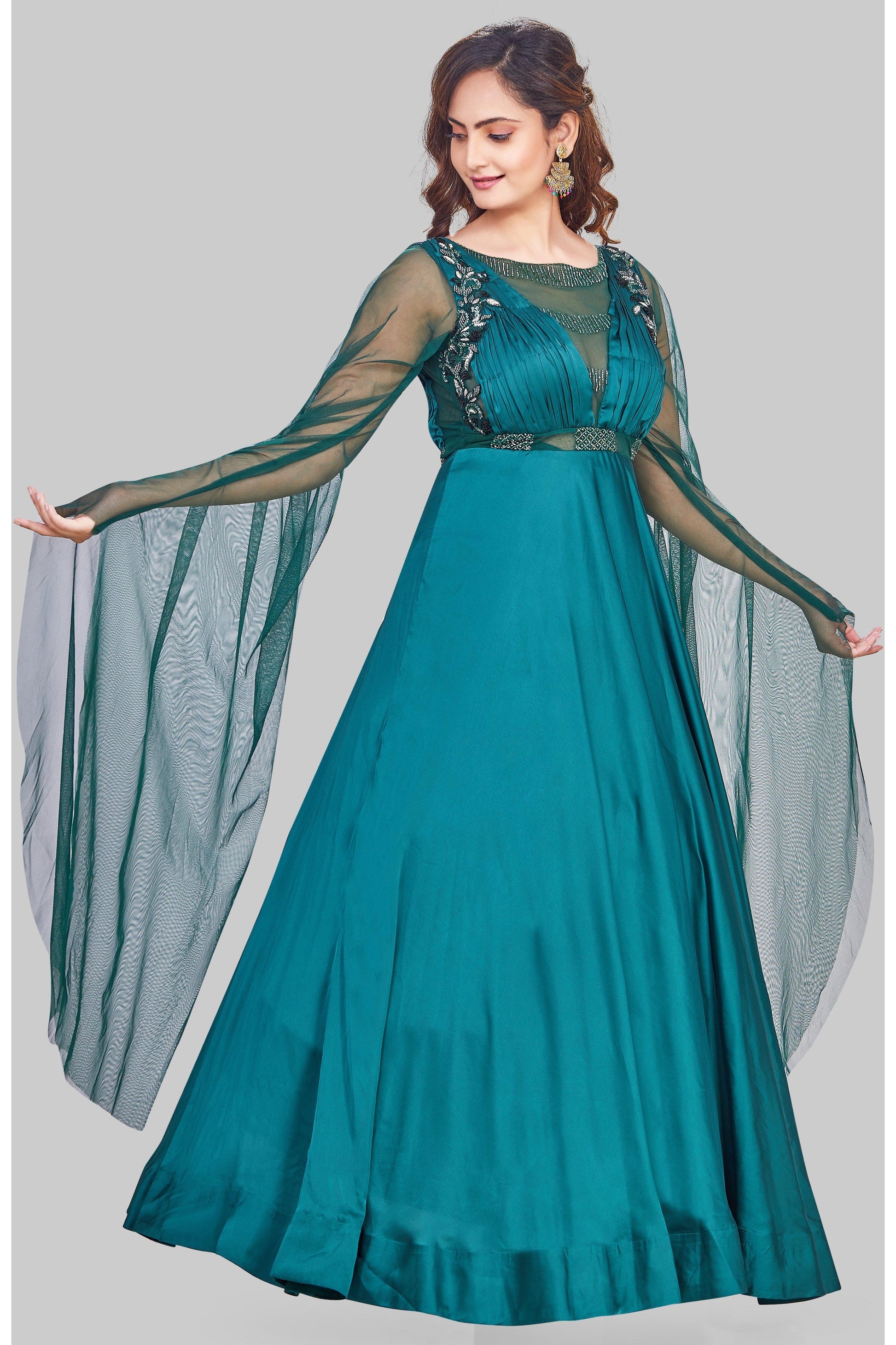 Emerald Green Anarkali with Extended Sleeves-AariAmi Boutique