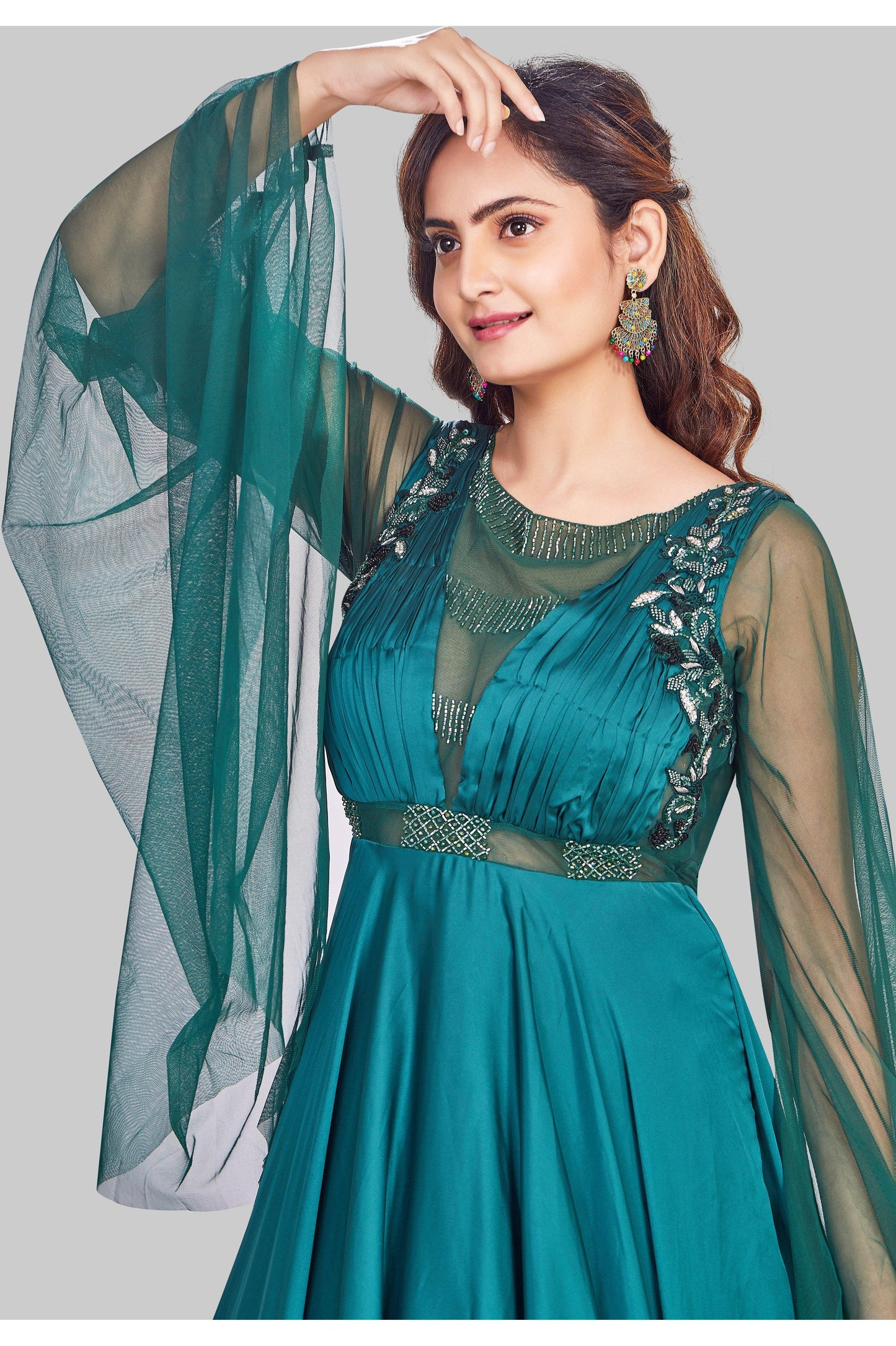 Emerald Green Anarkali with Extended Sleeves-AariAmi Boutique