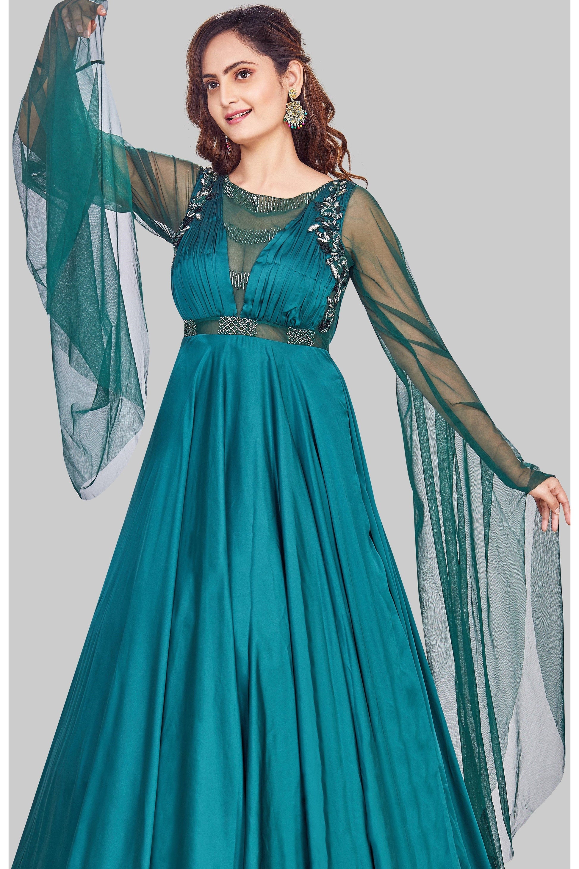 Emerald Green Anarkali with Extended Sleeves-AariAmi Boutique
