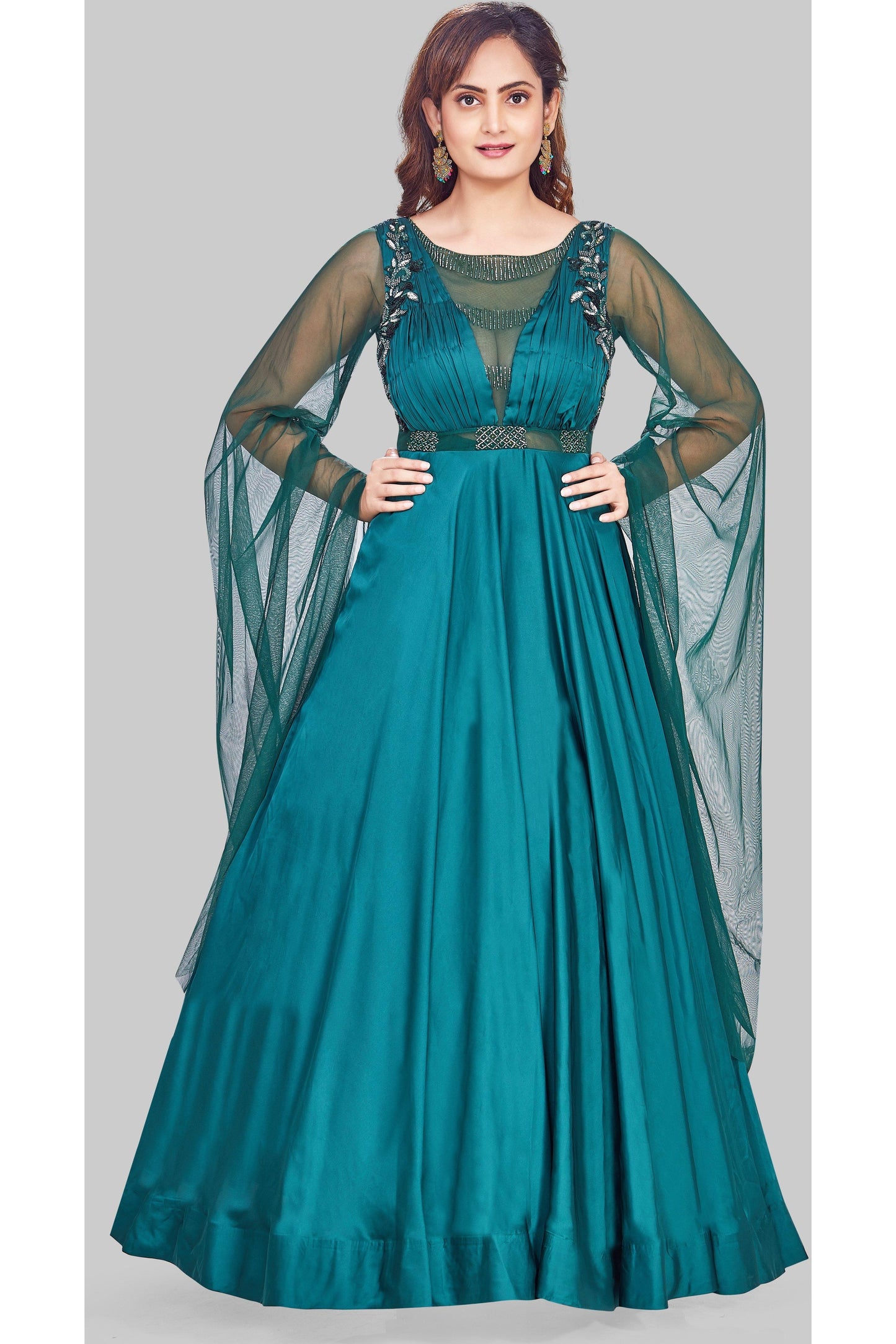 Emerald Green Anarkali with Extended Sleeves-AariAmi Boutique