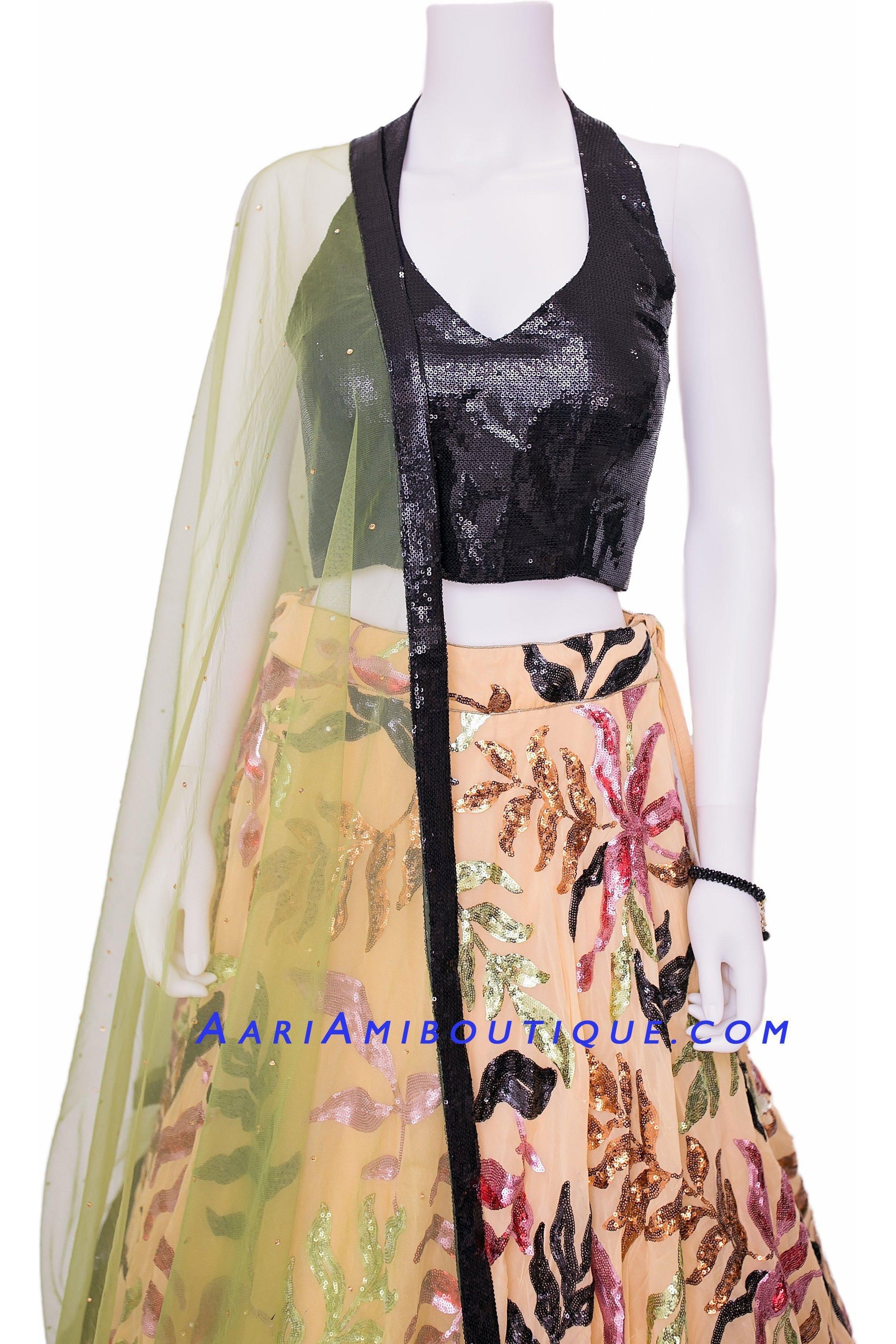 Fantastical Black Lehenga Set with Halter Blouse-AariAmi Boutique