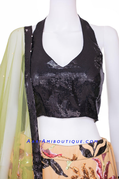 Fantastical Black Lehenga Set with Halter Blouse-AariAmi Boutique