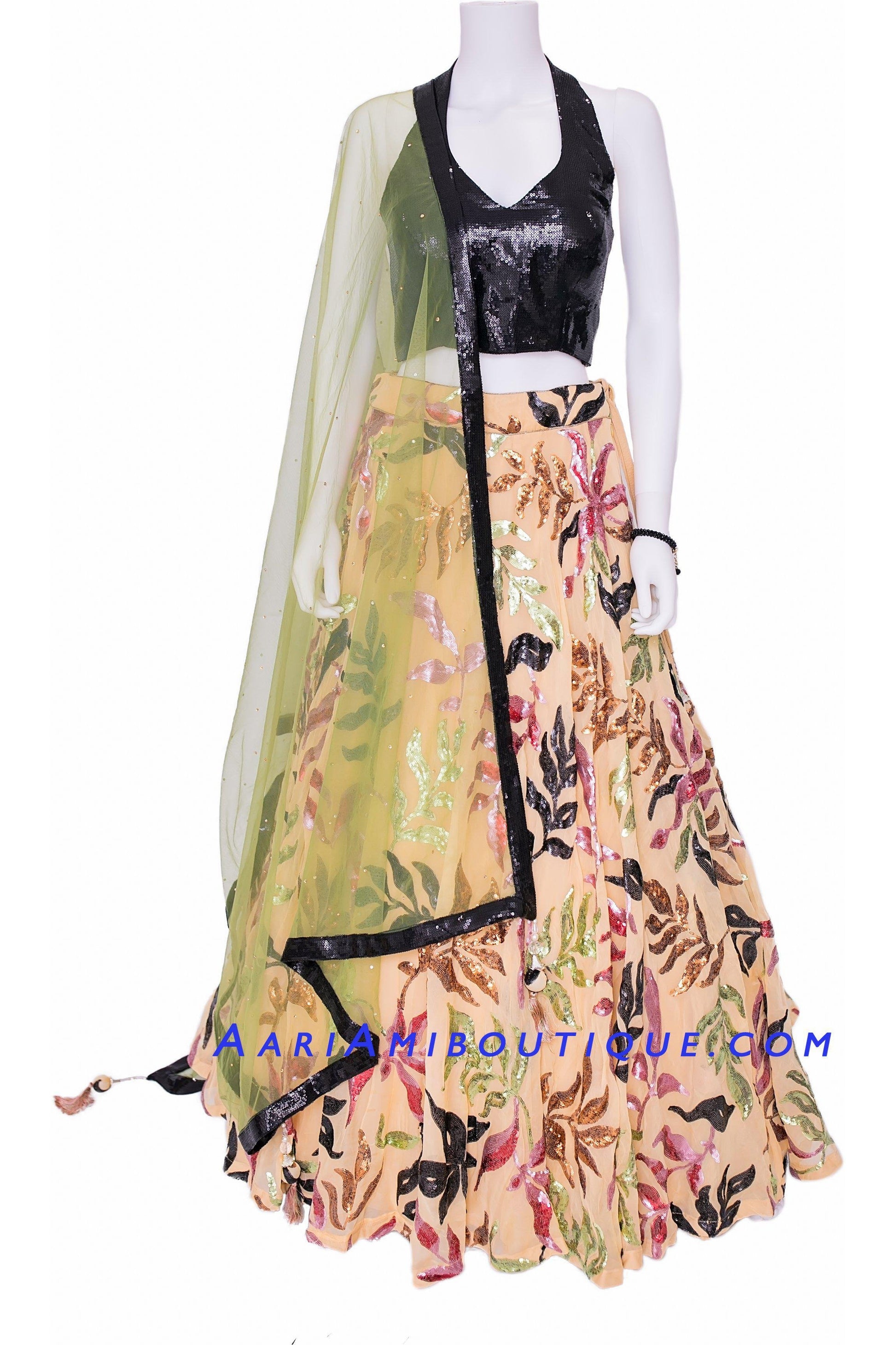 Fantastical Black Lehenga Set with Halter Blouse-AariAmi Boutique