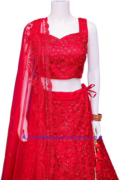 Flaming Red Hot Lehenga Set-AariAmi Boutique