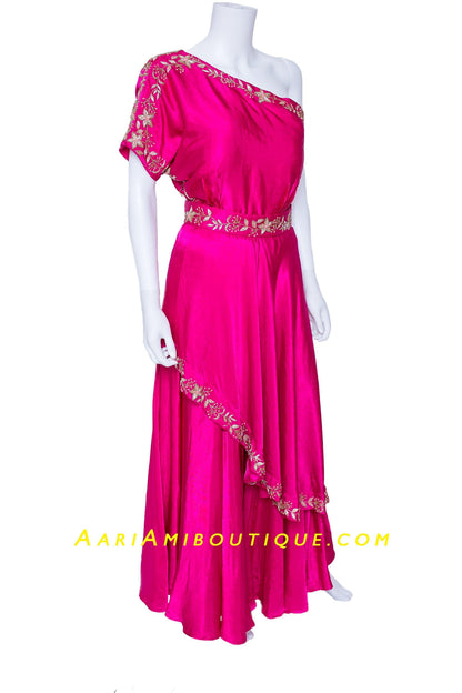Fuchsia Pink One Shoulder Palazzo Set-AariAmi Boutique