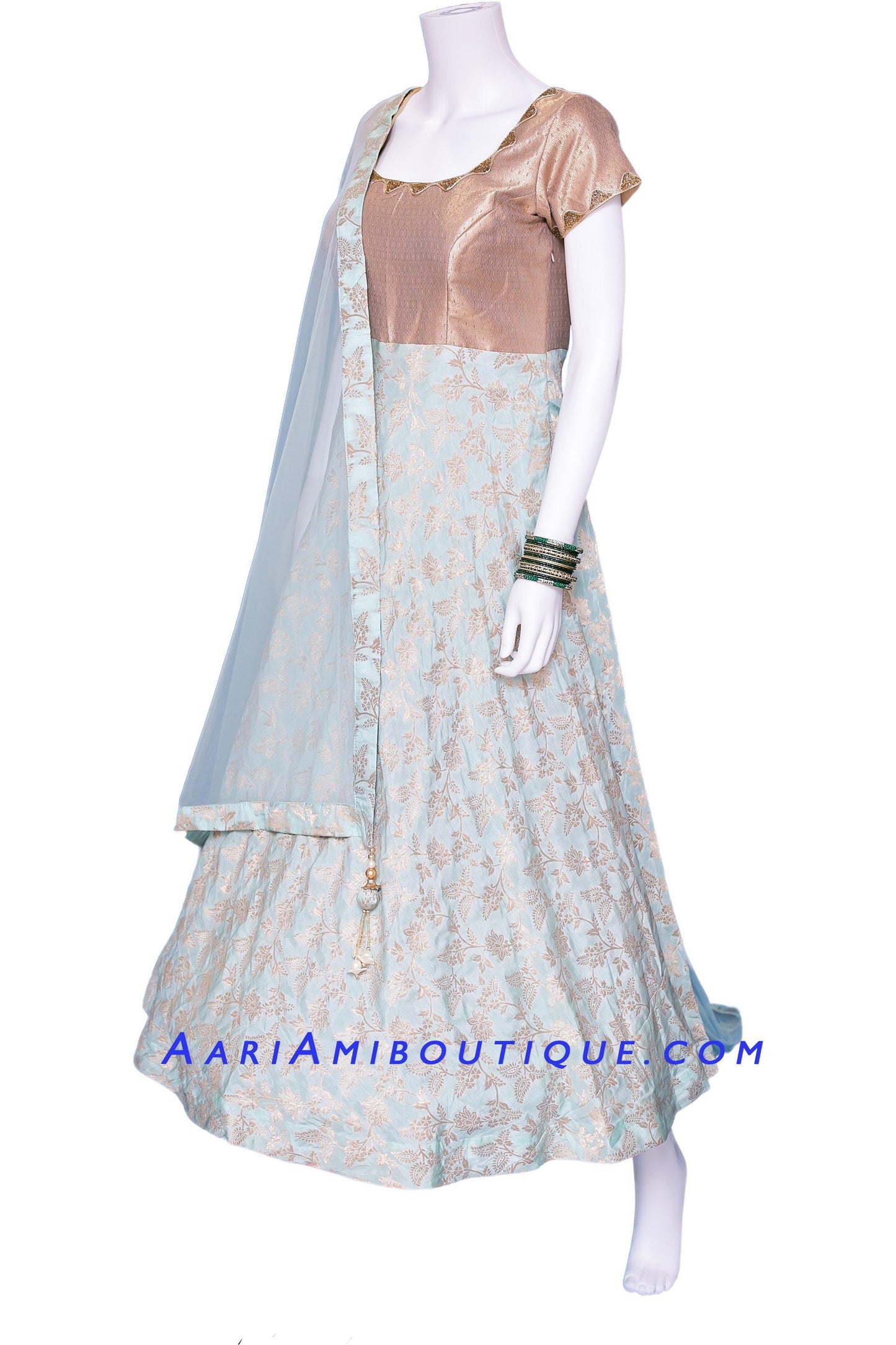 Glittery Gold and Turquoise Brocade Silk Anarkali Set-AariAmi Boutique