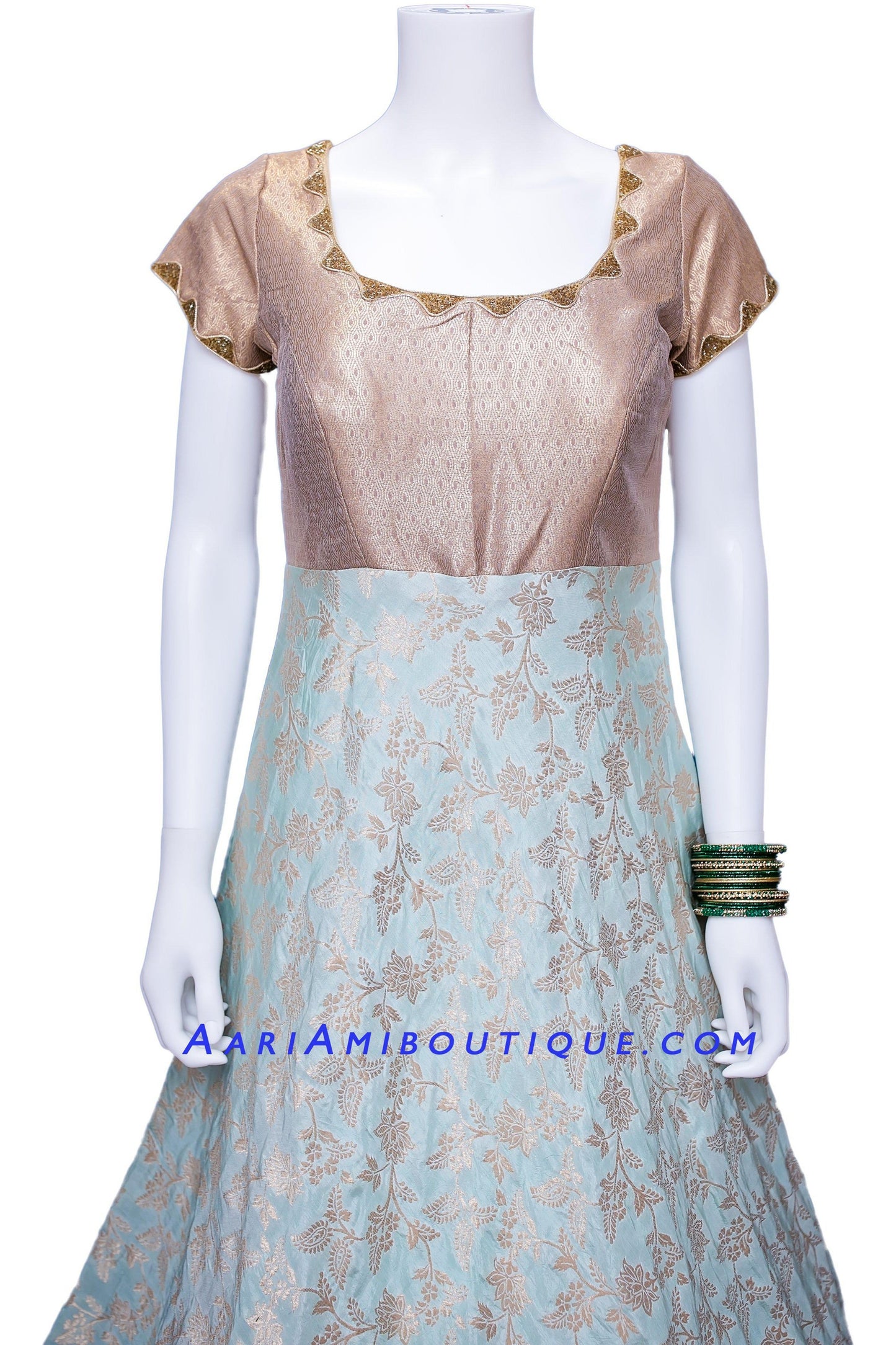 Glittery Gold and Turquoise Brocade Silk Anarkali Set-AariAmi Boutique
