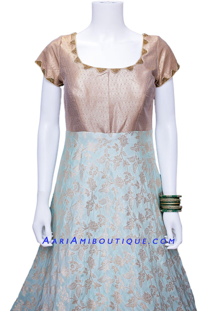 Glittery Gold and Turquoise Brocade Silk Anarkali Set-AariAmi Boutique