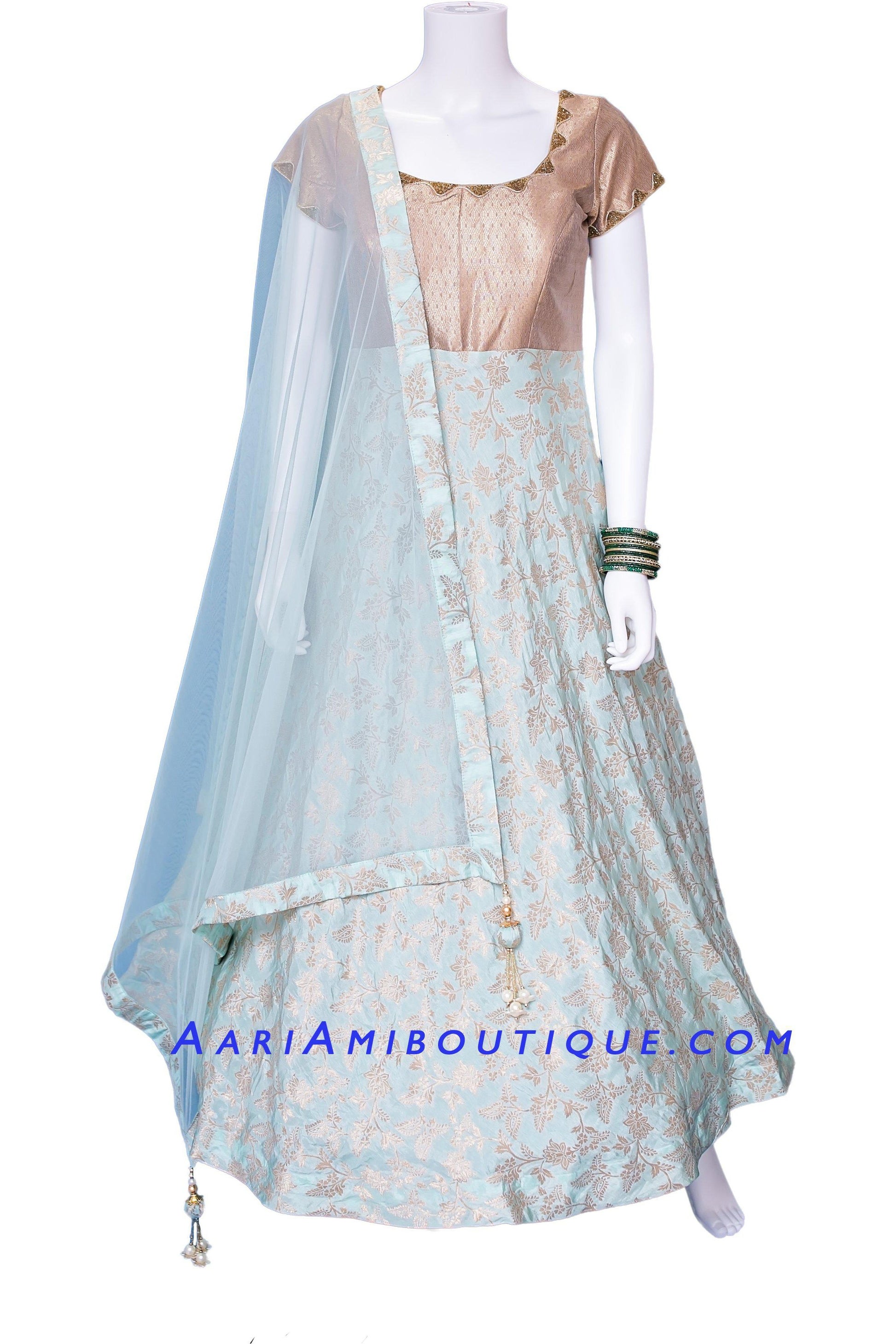 Glittery Gold and Turquoise Brocade Silk Anarkali Set-AariAmi Boutique