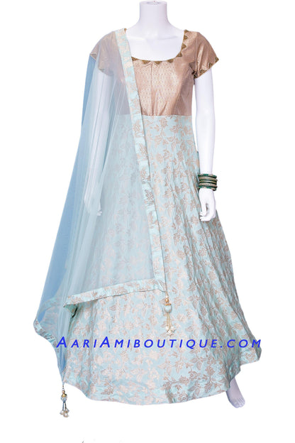 Glittery Gold and Turquoise Brocade Silk Anarkali Set-AariAmi Boutique