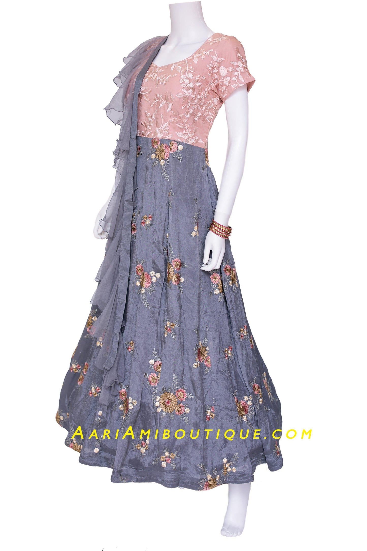 Gorgeous Gray and Peach Anarkali Set-AariAmi Boutique