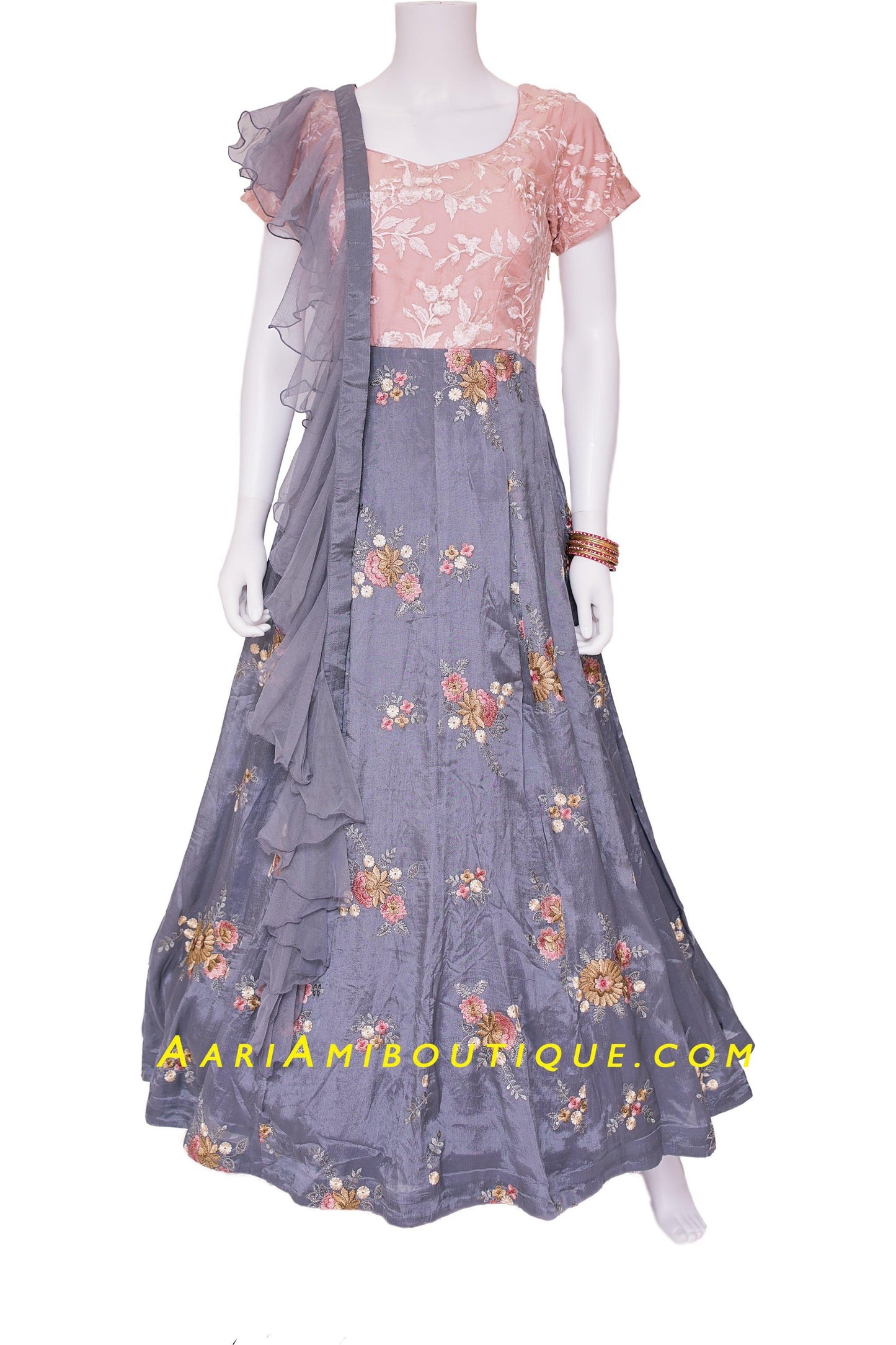 Gorgeous Gray and Peach Anarkali Set-AariAmi Boutique