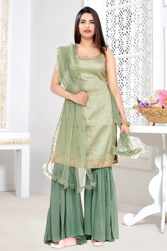 Green Brocade Silk Sharara Set-AariAmi Boutique
