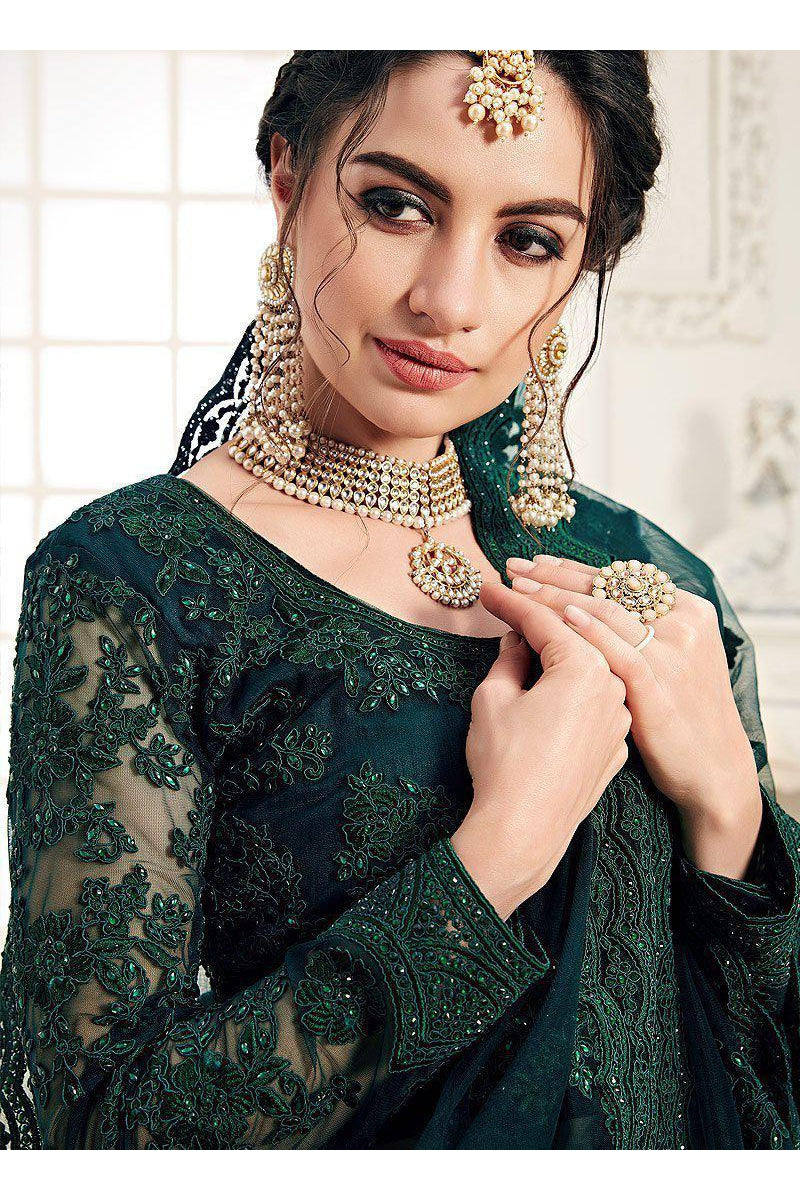 Green Embroidered Net Lehenga Set-AariAmi Boutique