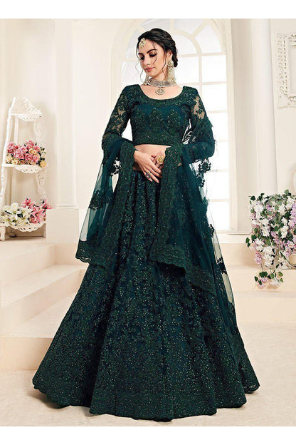 Green Embroidered Net Lehenga Set-AariAmi Boutique