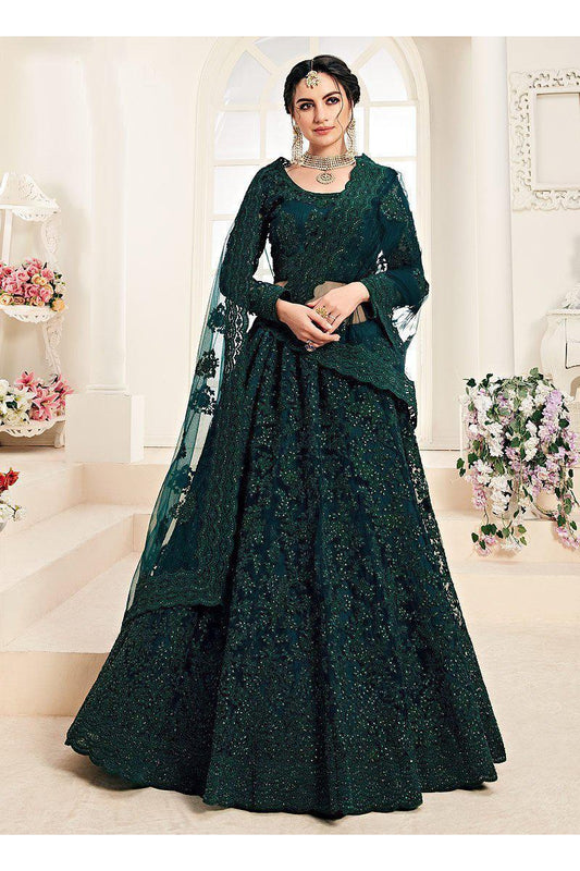 Green Embroidered Net Lehenga Set-AariAmi Boutique