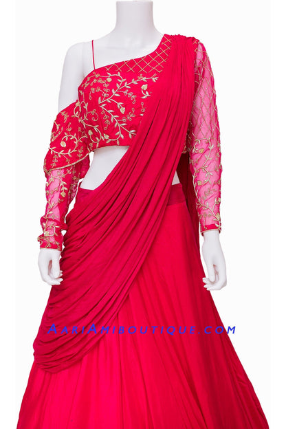 Hot Pink Lehenga with One Shoulder Blouse and attached Drape Dupatta-AariAmi Boutique