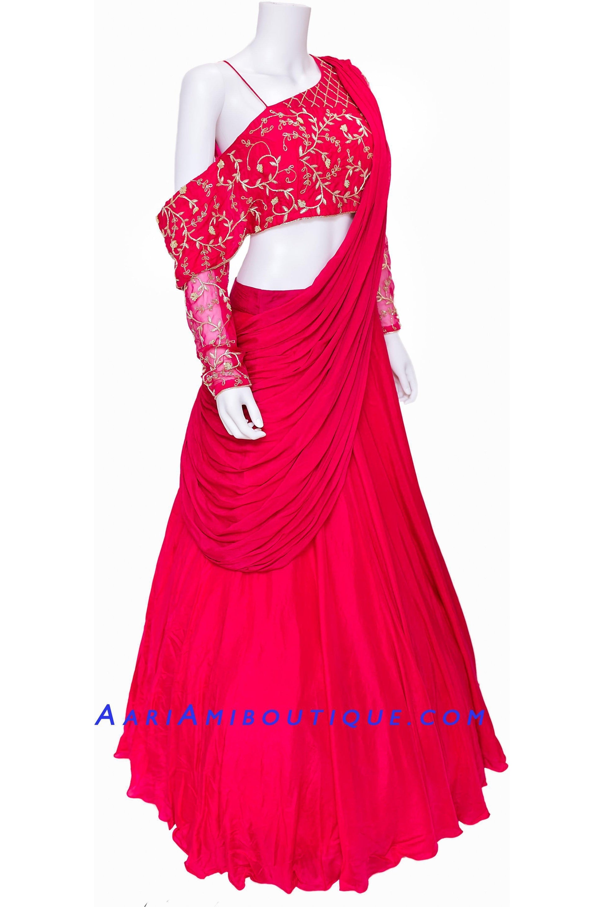 Hot Pink Lehenga with One Shoulder Blouse and attached Drape Dupatta-AariAmi Boutique