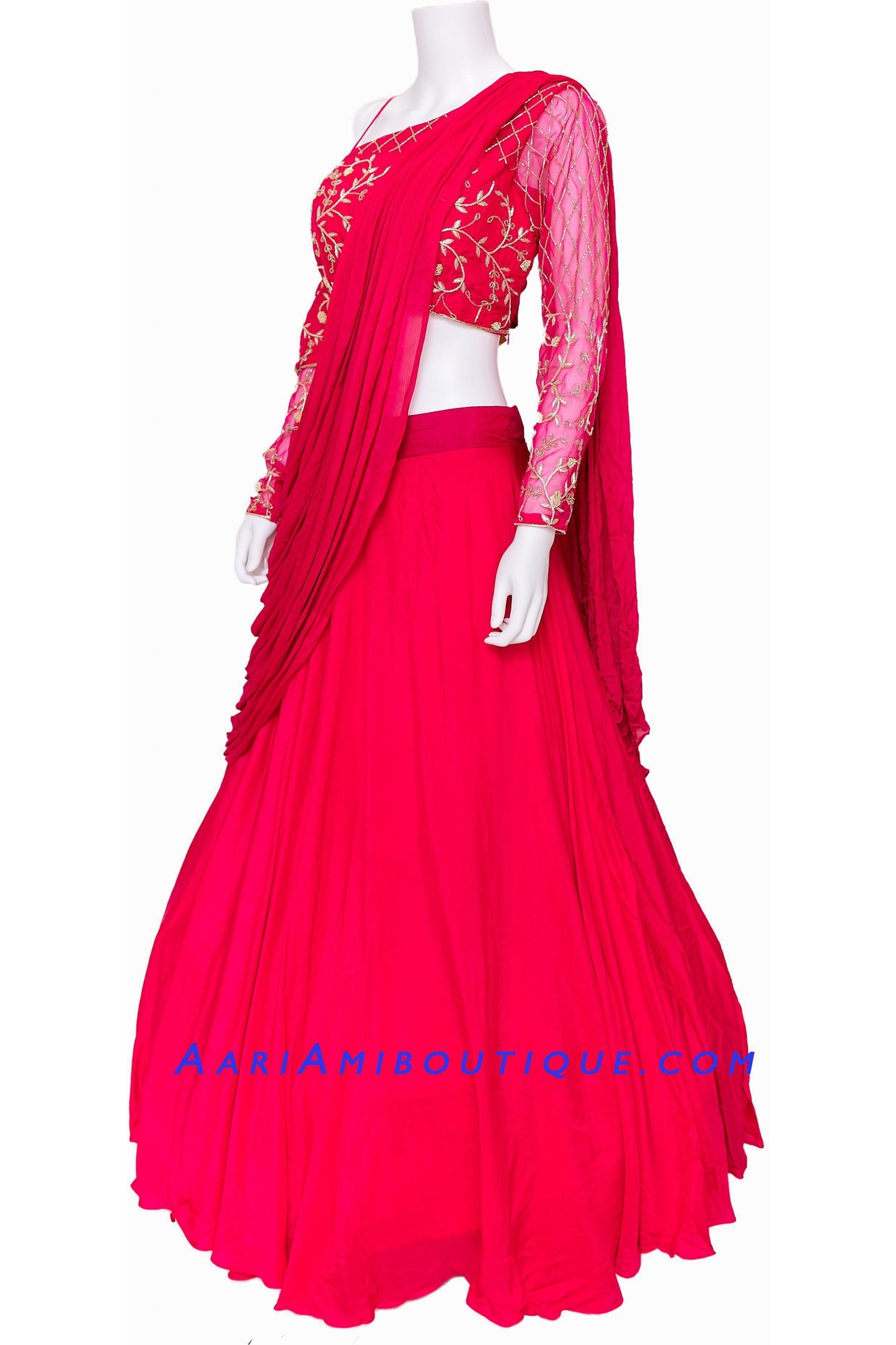 Hot Pink Lehenga with One Shoulder Blouse and attached Drape Dupatta-AariAmi Boutique