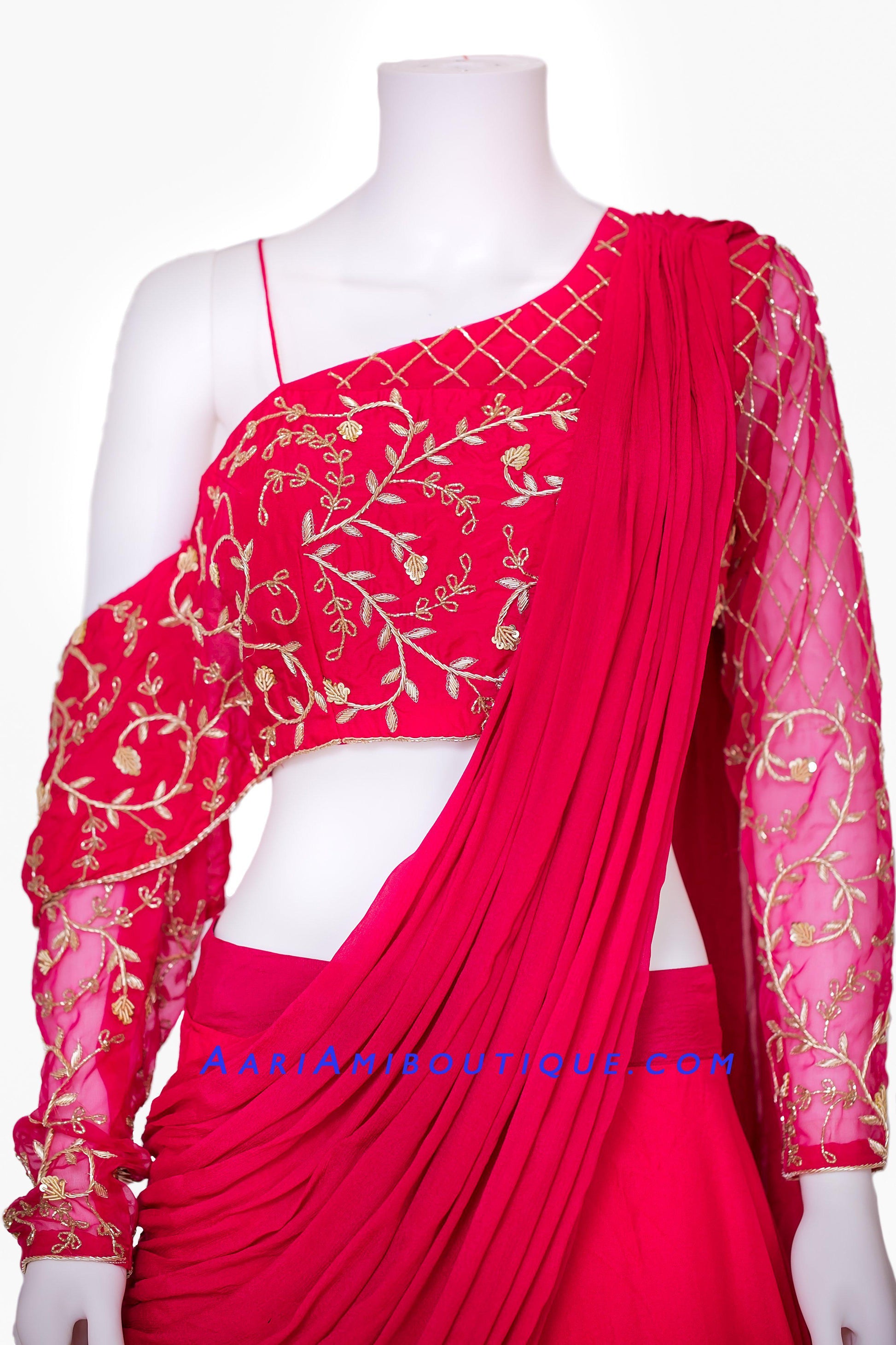 Hot Pink Lehenga with One Shoulder Blouse and attached Drape Dupatta-AariAmi Boutique