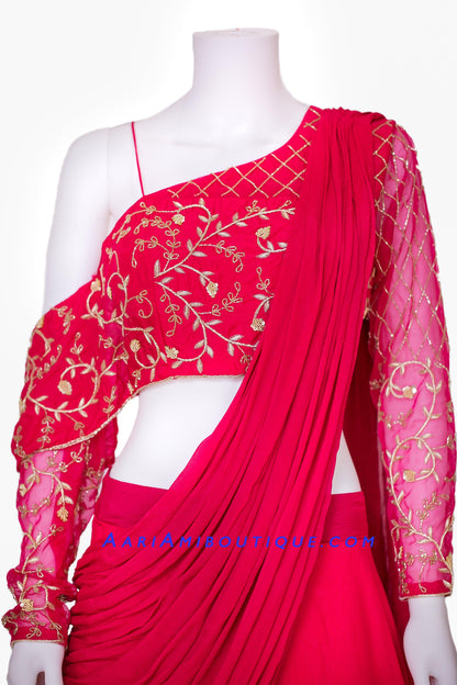 Hot Pink Lehenga with One Shoulder Blouse and attached Drape Dupatta-AariAmi Boutique