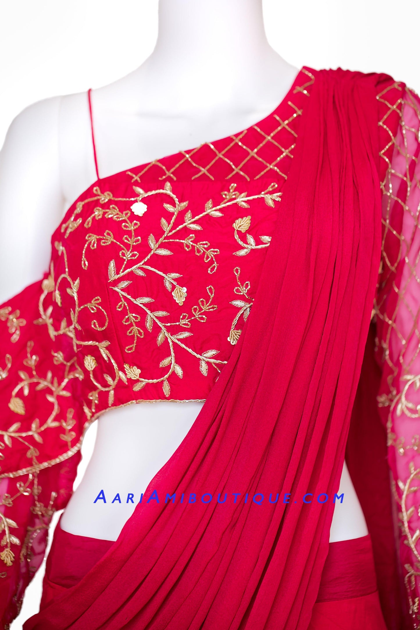 Hot Pink Lehenga with One Shoulder Blouse and attached Drape Dupatta-AariAmi Boutique