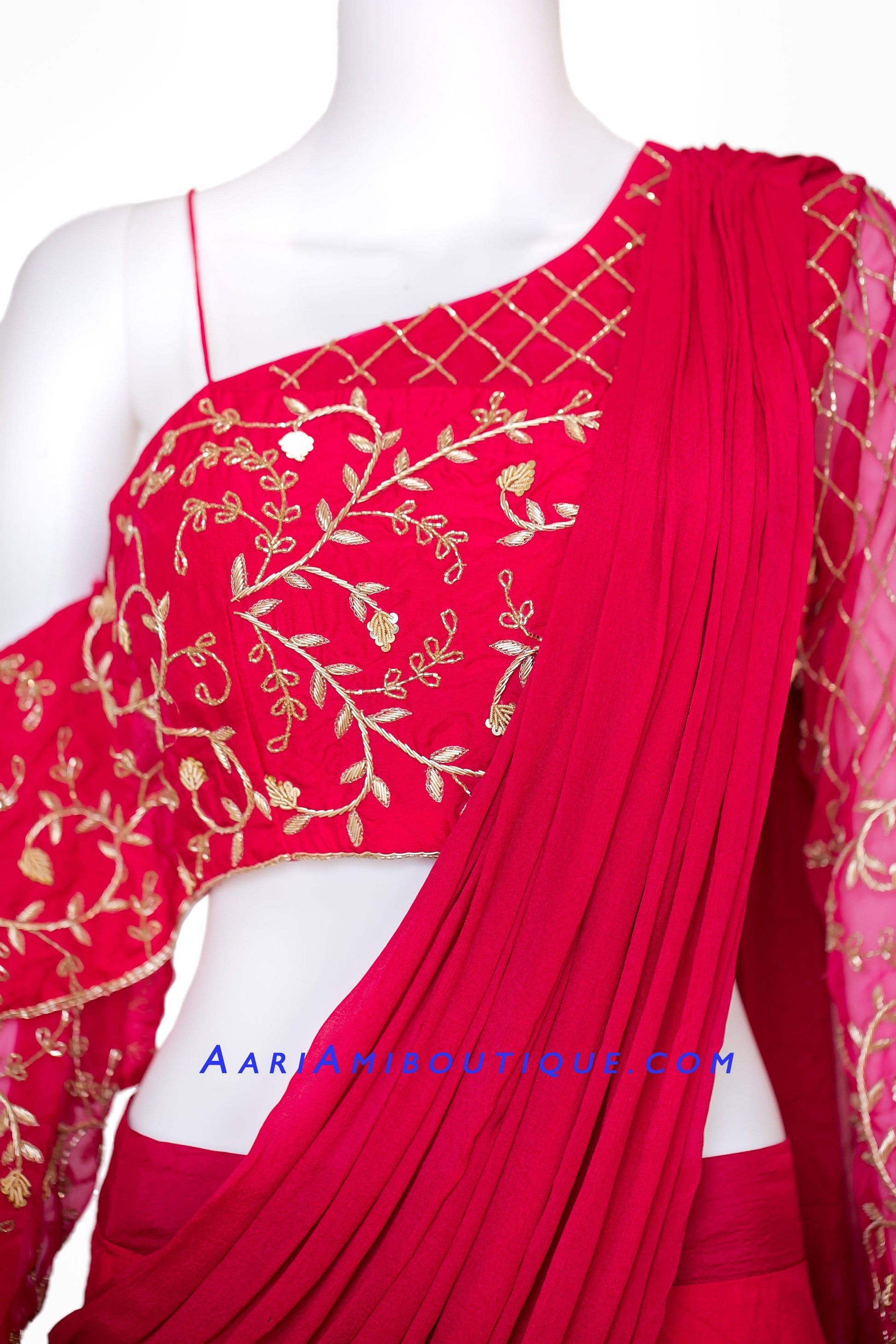 Hot Pink Lehenga with One Shoulder Blouse and attached Drape Dupatta-AariAmi Boutique