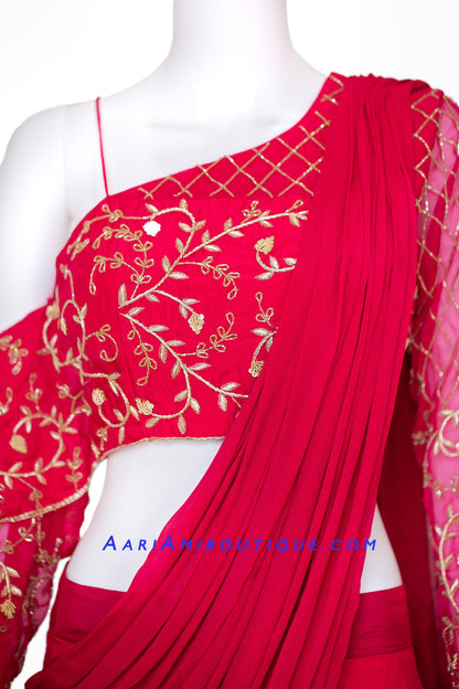 Hot Pink Lehenga with One Shoulder Blouse and attached Drape Dupatta-AariAmi Boutique