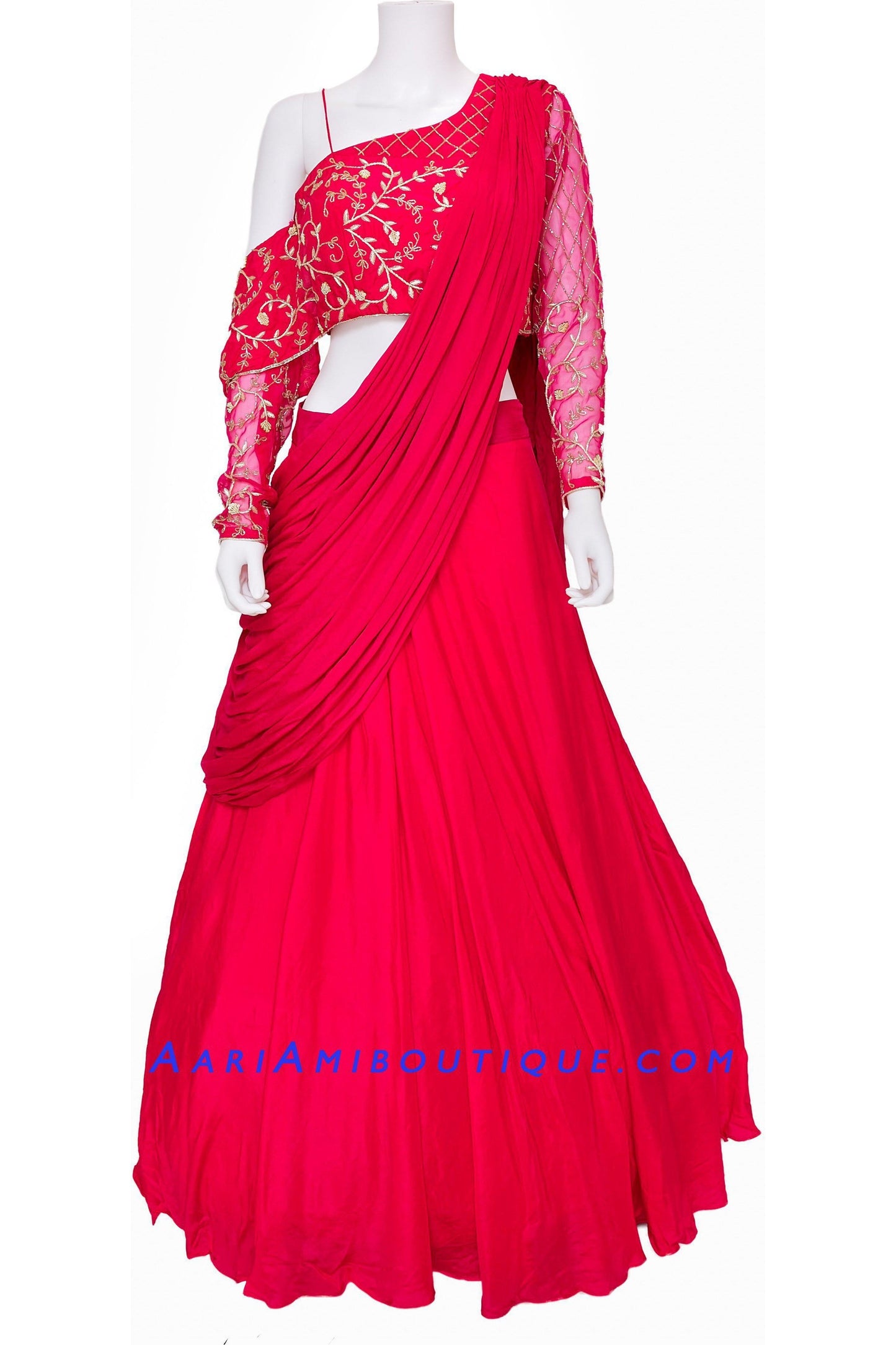 Hot Pink Lehenga with One Shoulder Blouse and attached Drape Dupatta-AariAmi Boutique