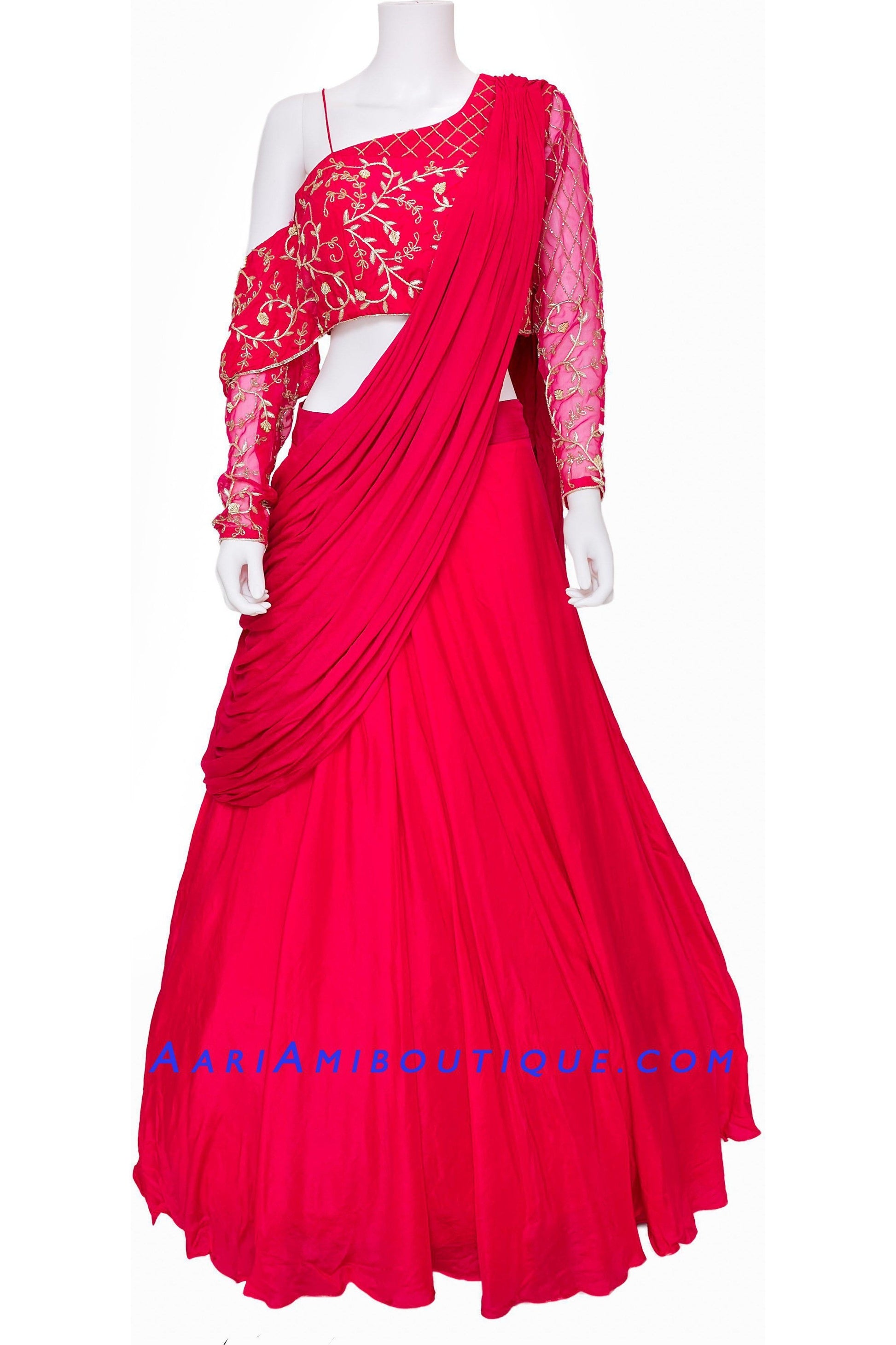 Hot Pink Lehenga with One Shoulder Blouse and attached Drape Dupatta-AariAmi Boutique