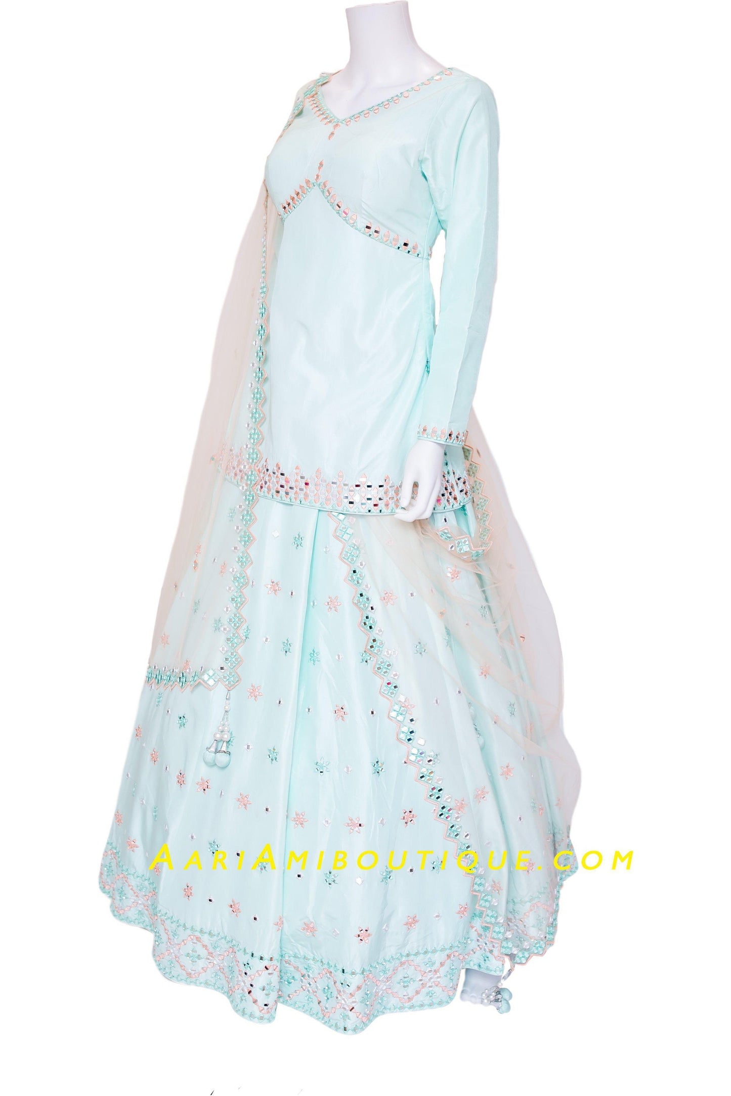 Ice Blue Mirror work Long Top Lehenga Set-AariAmi Boutique