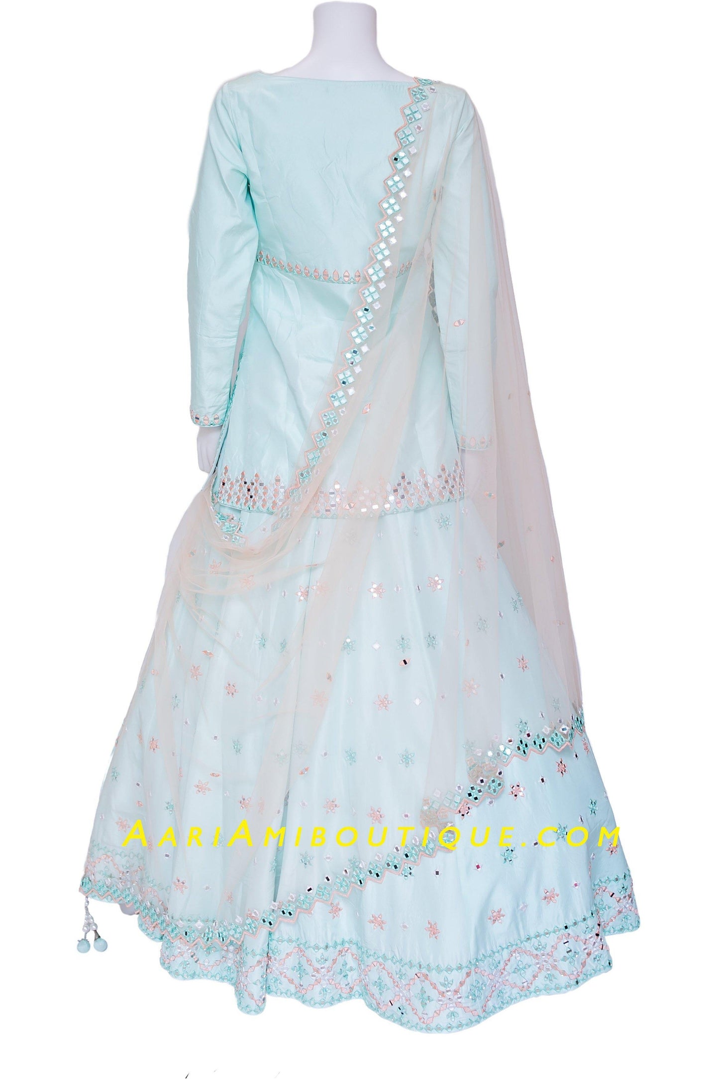 Ice Blue Mirror work Long Top Lehenga Set-AariAmi Boutique