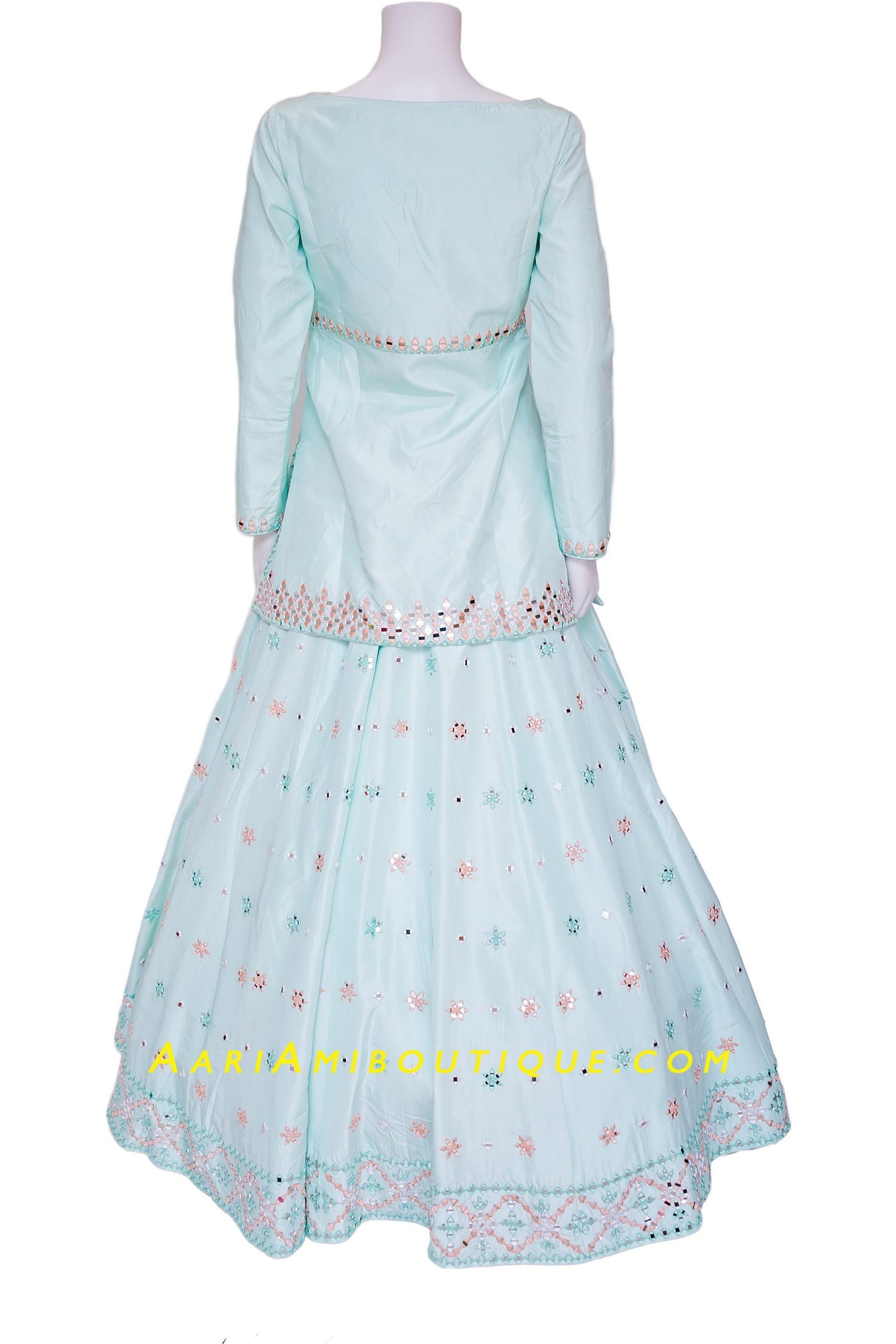 Ice Blue Mirror work Long Top Lehenga Set-AariAmi Boutique