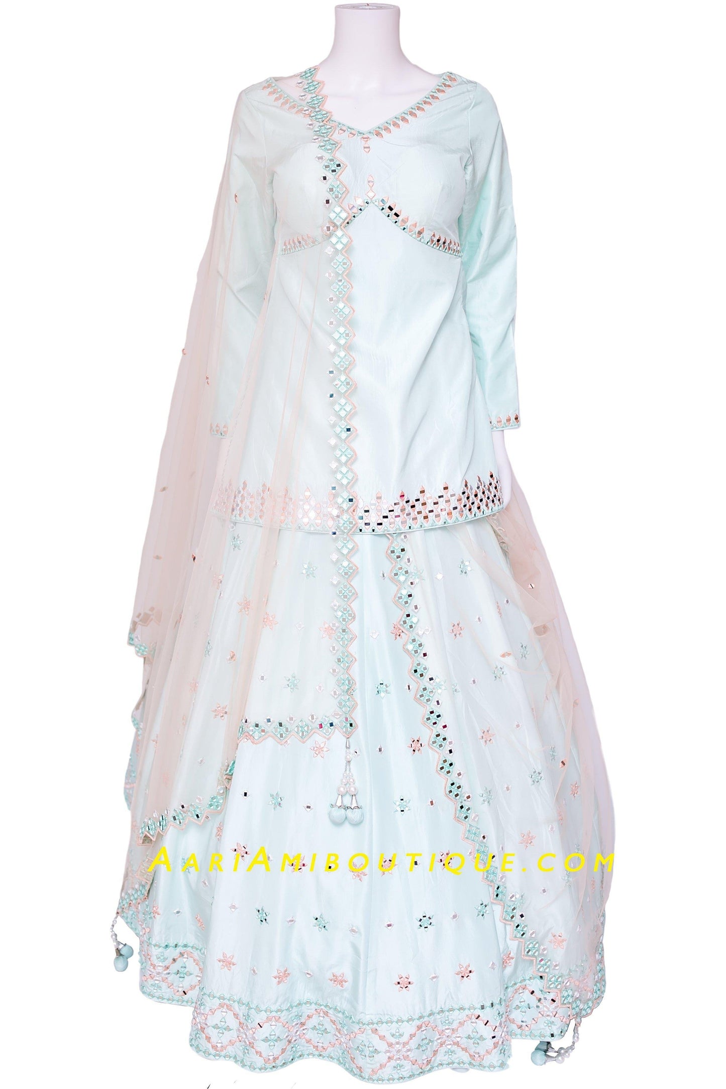 Ice Blue Mirror work Long Top Lehenga Set-AariAmi Boutique