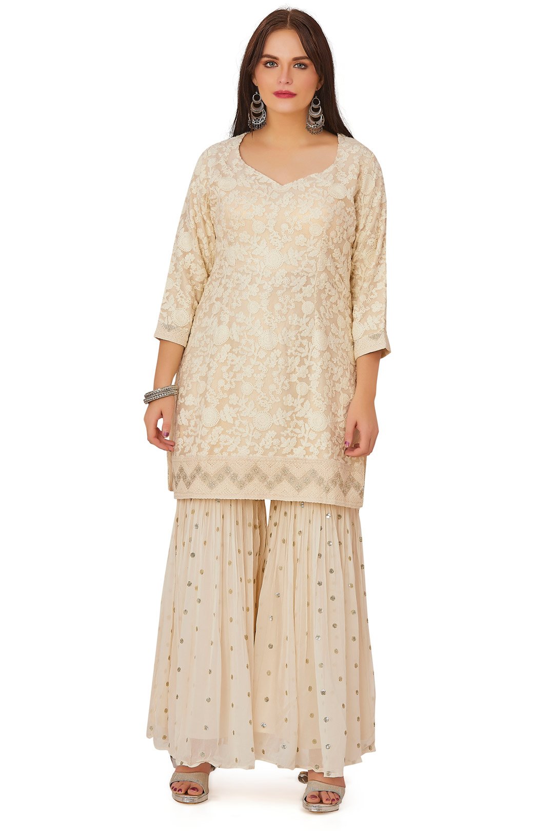 Ivory White Satin Embroidered Gharara Set-AariAmi Boutique