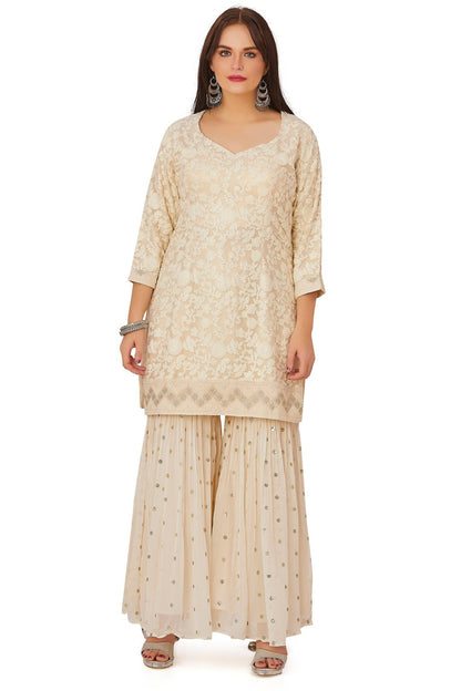 Ivory White Satin Embroidered Gharara Set-AariAmi Boutique
