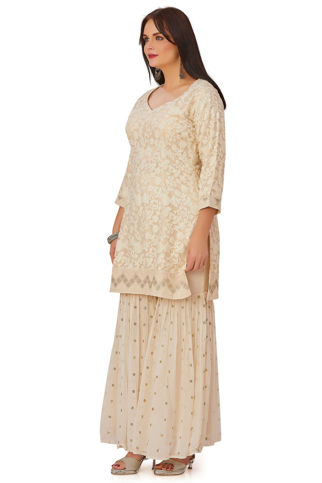 Ivory White Satin Embroidered Gharara Set-AariAmi Boutique